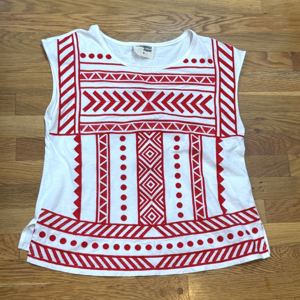 Savanna Jane Womens Red White Geometric Embroidered Cotton Sleeveless Top Size M